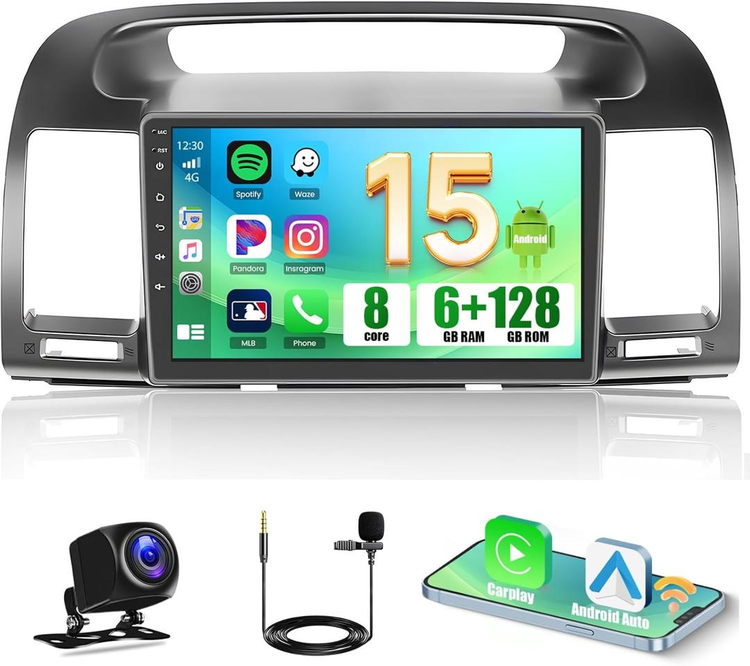 [8-Core 6+128G] for Toyota Camry 2001-2006 Android 15 Car Stereo, Hikity 9 Touchscreen Radio Wireless Carplay Android Auto Bluetooth 5G WiF GPS 32EQ/DSP/FM/RDS 1280P SWC Backup Cam
