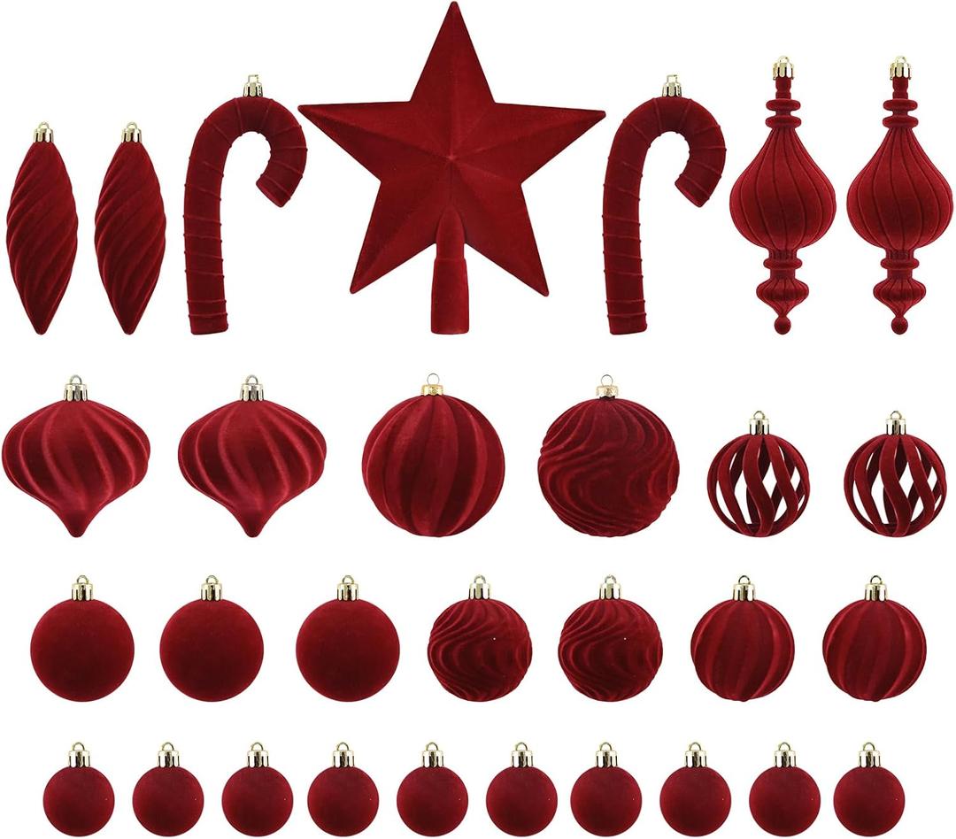 Velvet Christmas Ornaments Ball Set - 30PCS Burgundy Vintage Christmas Tree Decorations Set for Xmas Tree Wreaths Fireplace Holiday Decor