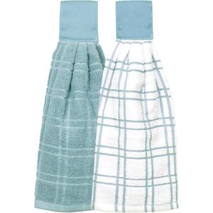 Ritz Premium 100% Cotton Solid and Multi Check Kitchen Tie Towel, Absorbent, Super Soft, and Fast Drying Hang Towel, Set of Two, Dew