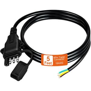 18AWG 5FT 4 Pin Trailer Connector Pure Copper 4 Pin Trailer Wiring Harness Jacketed Cable Heavy Duty Male Extension Wiring Harness 4 Wire 4-Flat Connector 4 Way Flat Plug with Dust Cover