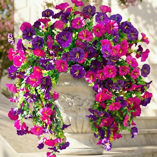 Ivydale 2 PCS Artificial Hanging Flowers Fake Plants Outdoor,Silk Morning Glory Faux Flowers with Eucalyptus Leaf,UV Resistant Realistic Hanging Petunias Plants for Home Garden Decor (Purple+Fuchsia)