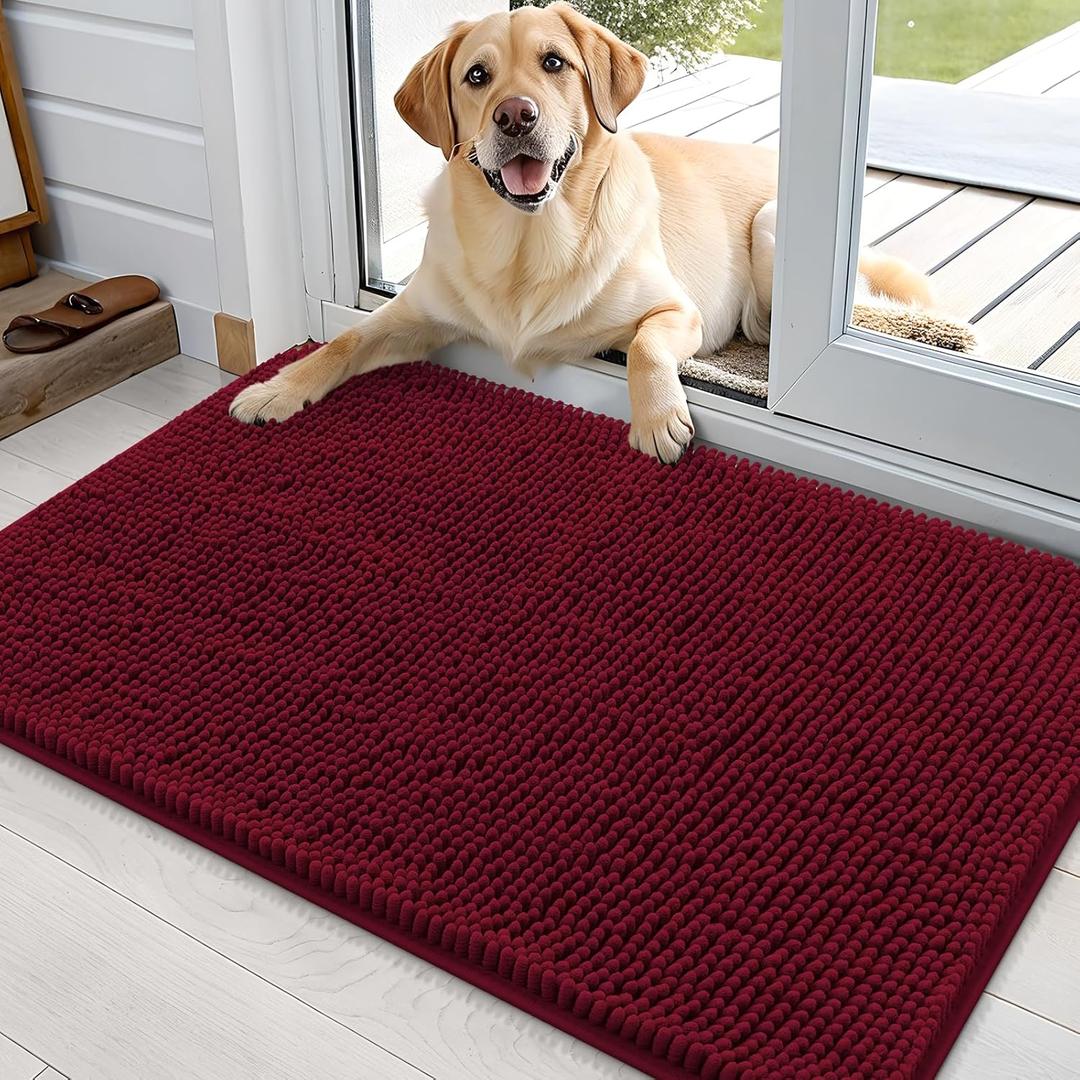 OLANLY Dog Door Mat for Muddy Paws 36x24, Absorbs Moisture and Dirt, Absorbent Non-Slip Washable Doormat, Quick Dry Chenille Mud Mat for Dogs, Entry Indoor Entryway Carpet for Inside Floor, Burgundy