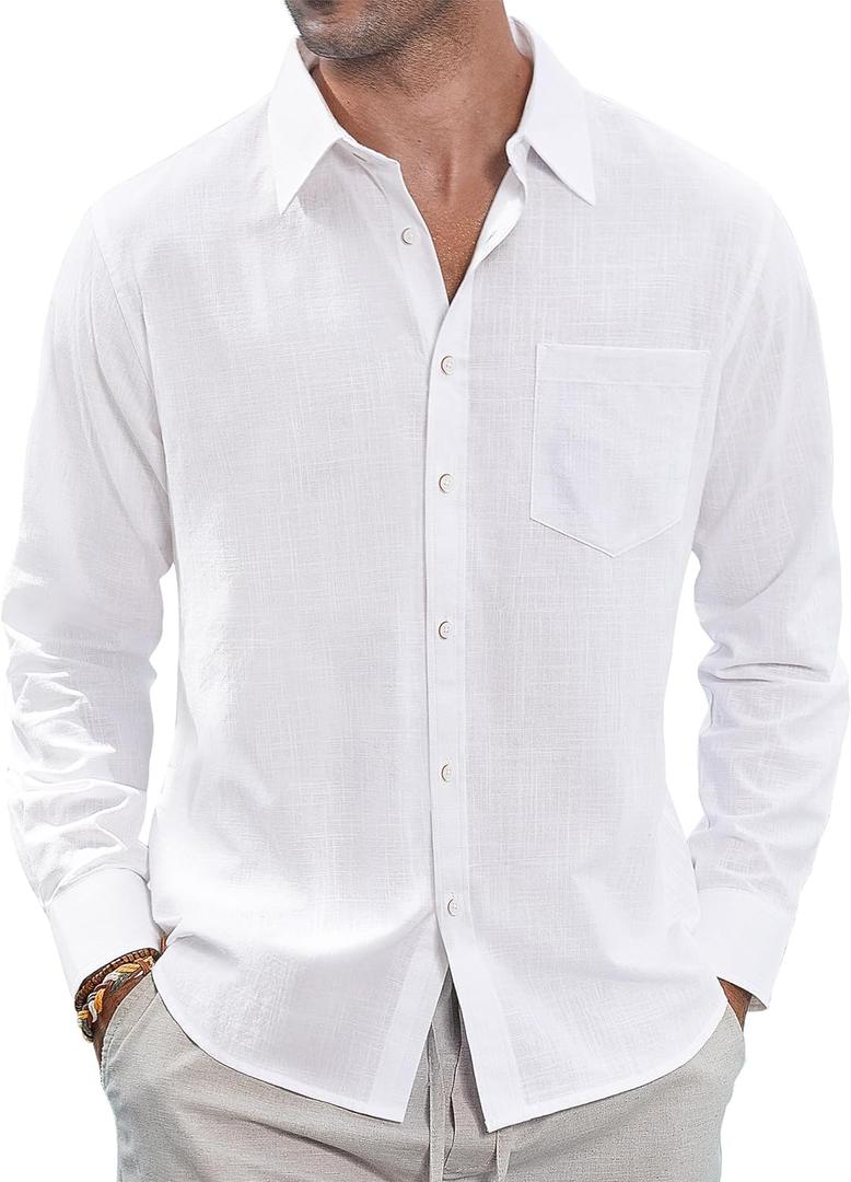 J.VER Men's Linen Shirts Casual Button Down Long Sleeve Shirt Solid Spread Collar Summer Beach Shirts with Pocket (White, 4XL)