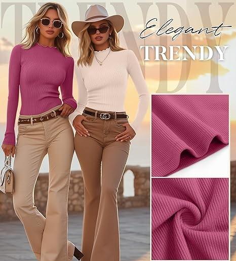 Riyiper 2 Pack Cotton Women's Mock Turtleneck Long Sleeve Tops Ribbed Lettuce Trim Slim Fit Basic Shirts Thermal Base Layer S