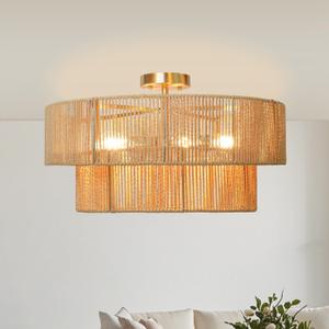 21" Natural Rattan Ceiling Light, Semi Flush Mount Gold Ceiling Lights, 5-Light Boho Chandelier with 2-Tier Drum Shade, Farmhouse Lighting Fixtures for Bedroom Kitchen Entryway Entryway