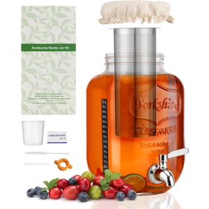 1 Gallon Kombucha Starter Kit, Glass Kombucha Jar with Spigot and Stainless Steel Mesh Filter Fermentation Kit for Home Brewed Kombucha Bottles, Includes Test Strips, Measuring Cups, Cloth Top