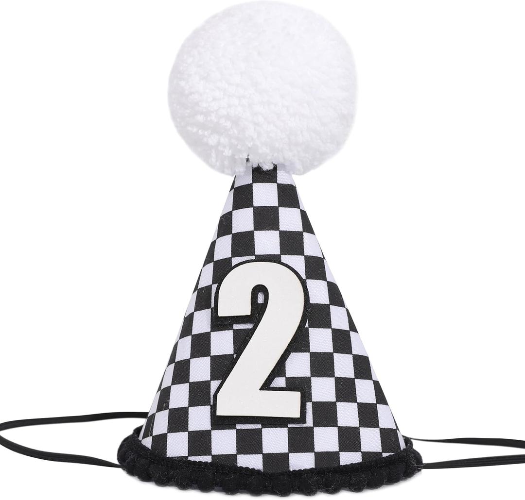 YOUAME Two Fast Birthday Hat for Boys - Race Car Second Birthday Cone Hat, 2nd Year Party Crown, Racing Car Cake Smash Photo Props, Fast Theme Party Decorations in Black and White Checkered Pattern