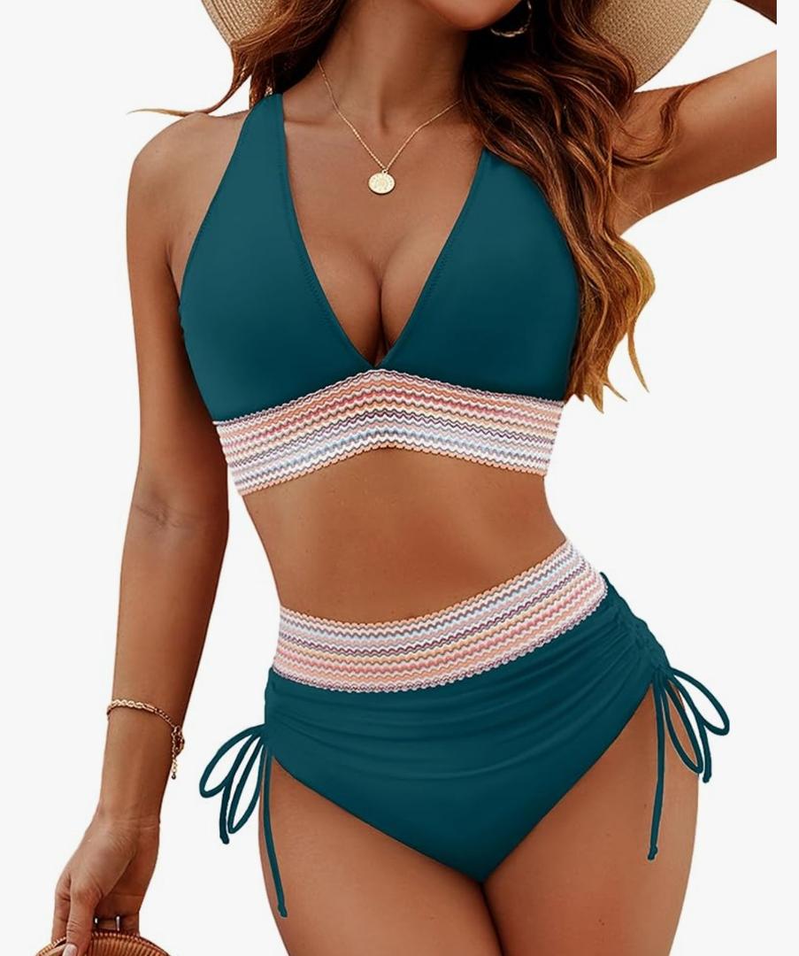 Blooming Jelly Women High Waisted Bikini Sets Tummy Control Swimsuits Color Block Two Piece Drawstring Bathing Suit, M, Navy Blue