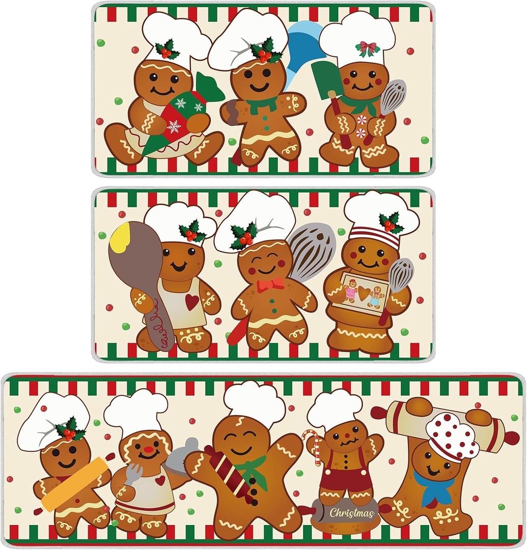 Dunzy 3 Pcs Christmas Cooking Gingerbread Winter Kitchen Rugs and Mats Set Kitchen Floor Mats Anniversary Seasonal Decor Xmas Winter Holiday Cooking Gingerbread Bathroom Rug for Indoor Holiday