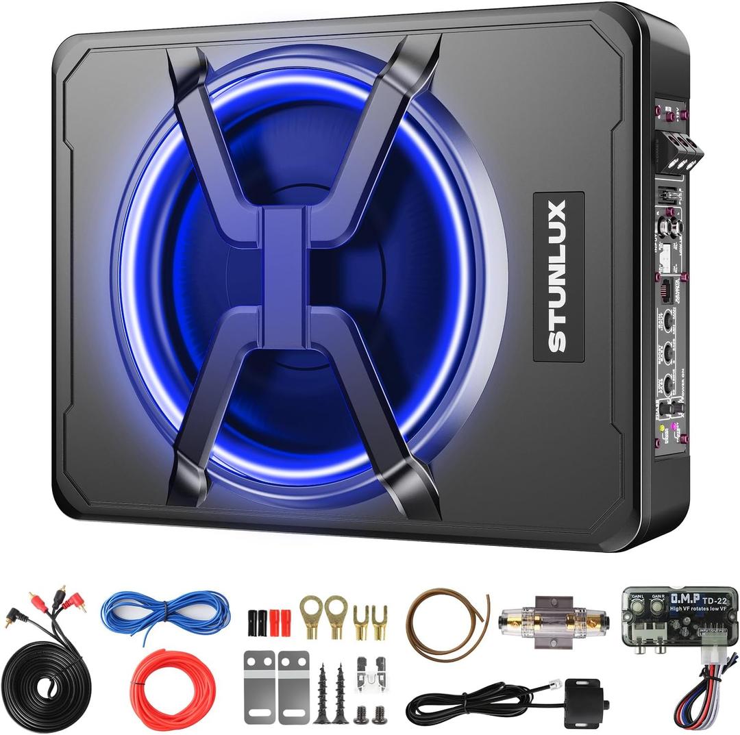 800W Slim Under Seat Powered Car Subwoofer Kit with Colorful LED Light,High/Low Level Input, Built-In Amplifier, And Car/Truck Audio System for Ultimate Sound Performance  Subwoofer and Amp Package