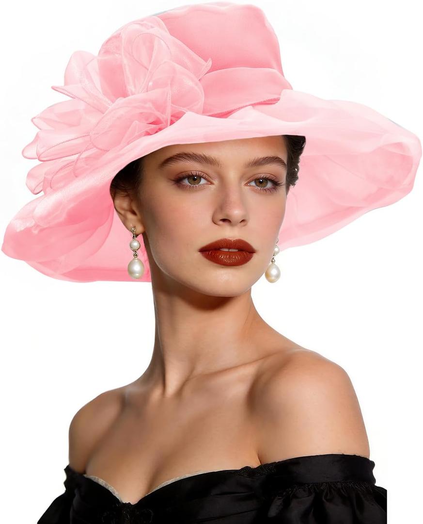 Womens Derby Hats Kentucky 2026 Fascinator Church Tea Party Wedding Adjustable Wide Brim Hat with Removable Flower (Pink)