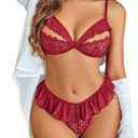Avidlove Sexy Lingerie For Women 2 Piece Lace Bra and Panty Sets Mesh Ruffle Underwear Babydoll Outfits S-XXL (WineRed) XL