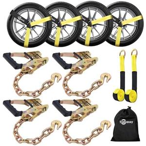 Trekassy Car Tie Down Straps for Trailers with Heavy Duty Chain Anchors, 6 Pack 2" x 96" Lasso Style Tire Straps (2 for Replacement), 10,000lbs Break Strength, Hauling Cars, UTV, Truck