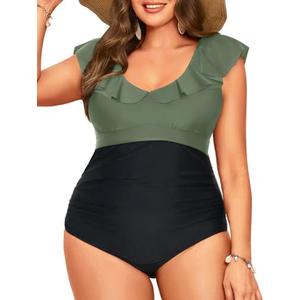 Daci Plus Size one Piece Swimsuits for Women Tummy Control Bathing Suits Ruffle Vintage Swimwear 20W