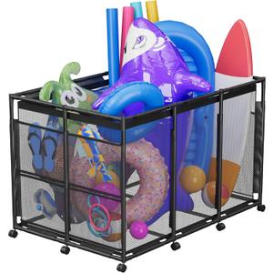 Pool Float Storage  Outdoor Pool Toy Storage Organizer for Pool Noodles, Toys, Floats, Balls,Equipment, Mesh Rolling Storage Organizer Bin, Black