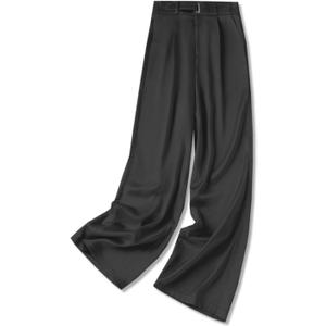 Betusline Women's Wide Leg Satin Dress Pants Long Straight Casual Flowy Silky Trousers, 7# Black Silk, X-Small