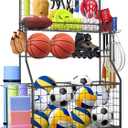 Sports Equipment Organizer,Garage Ball Storage Rack with Basketball Rack with Hooks and Rolling Wheels Cart (BLACK)