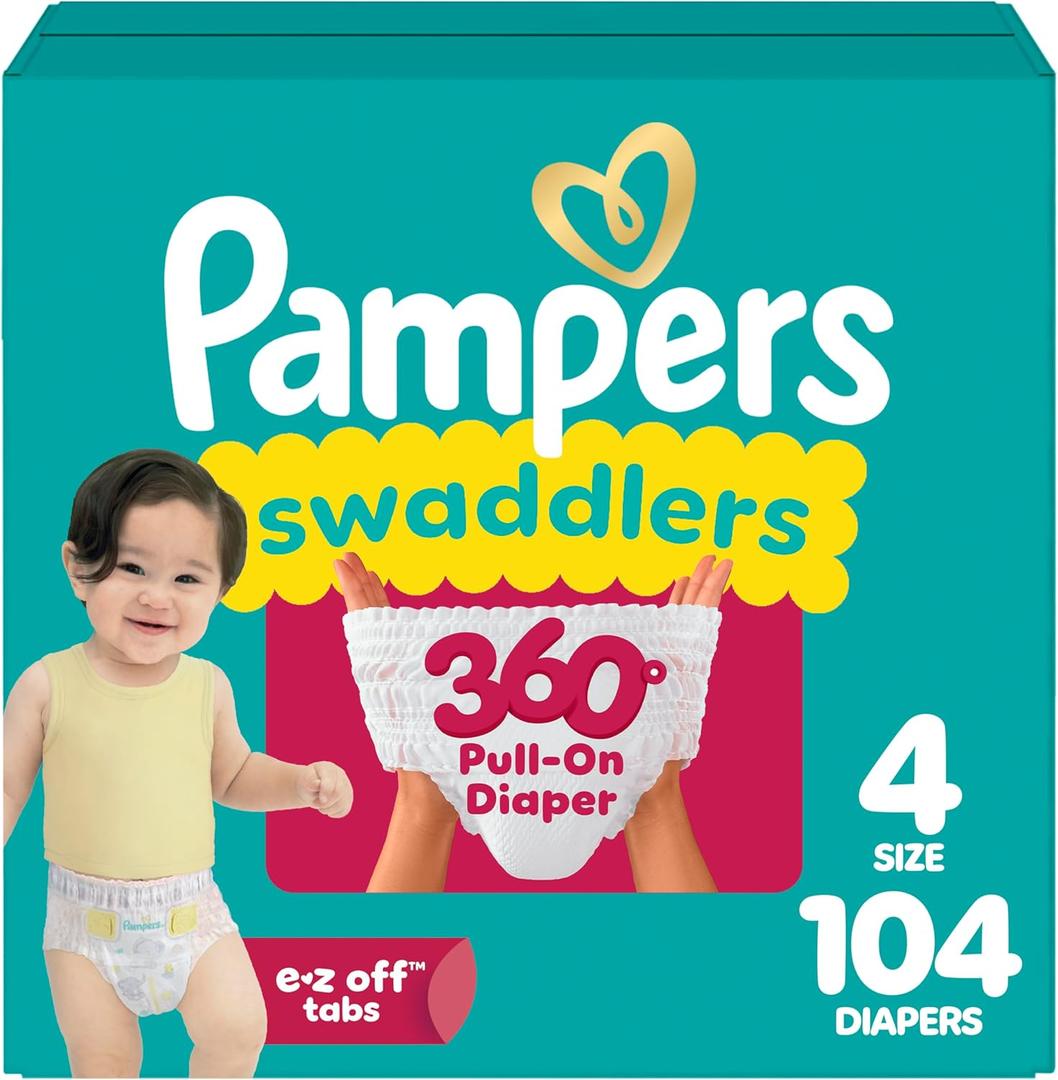 Pampers Diapers - Swaddlers 360 - Size 4, 104 Count, up to 100% Leakproof Comfy Dry Fit, Designed for Easy Changes, Pull On Baby Diaper