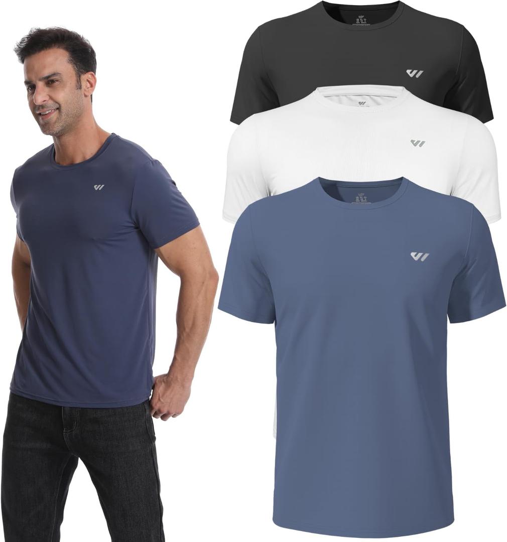 3 or 5 Pack Workout Shirts for Men Quick Dry Running T-Shirt Short Sleeves Moisture Wicking Crew Neck Tee Athletic Casual Top (Medium, 5-black-white-grey Blue)
