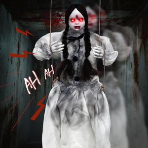 Scary Halloween Decorations Outdoor, Hanging Swinging Girl Ghost with Lighted Eyes and Creepy Sound, Sound Activated Scary Animatronic Doll Prop for Haunted House Yard Porch Halloween Party Decor
