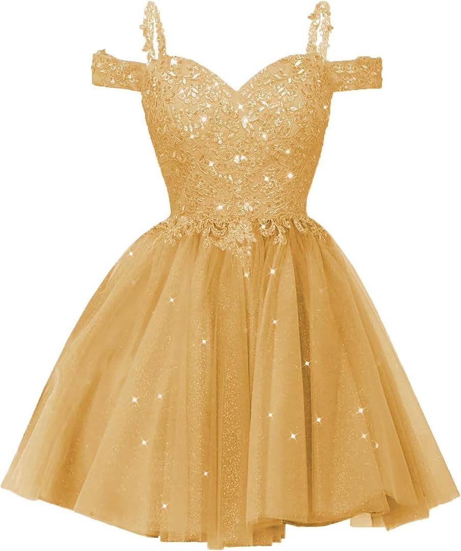 Sparkly Lace Applique Homecoming Dresses for Teens Short A-Line Puffy Glitter Tulle Formal Prom Dress (8, Gold)