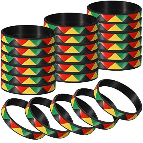 Wettarn 24 Pcs Black History Month Bracelets Bulk African American Silicone Rubber Bracelet Juneteenth Kente Wristbands for Juneteenth Party Favors Gifts (Black Green Yellow Red)