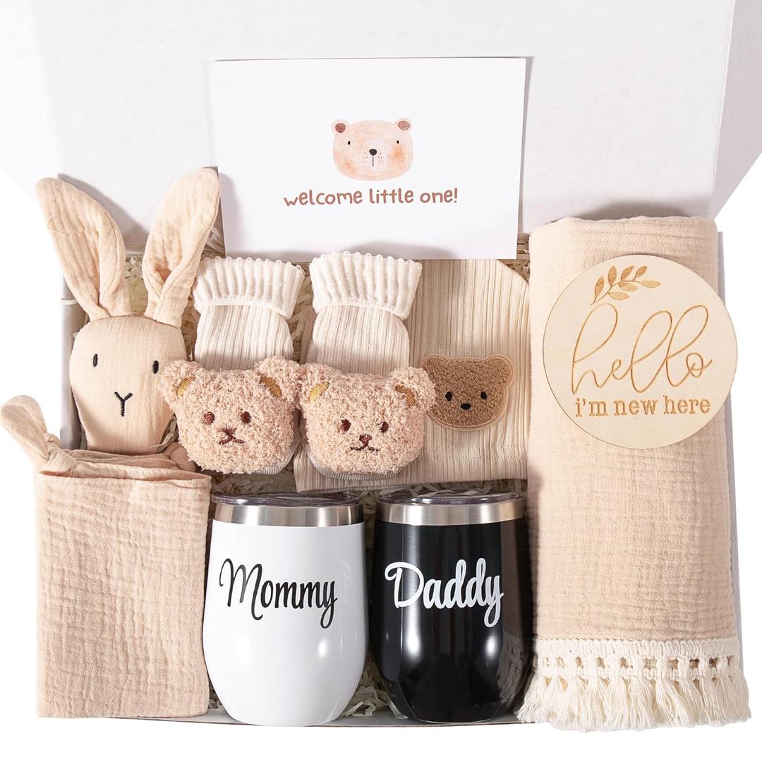 New Mom Gifts, Gender Reveal Gifts for Parents to Be, Pregnancy Gift Set for Expecting Mom, First Time Moms Gift Ideas, New Parents Gifts for Couples, New Baby Gift Basket for Baby Shower (Khaki)
