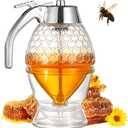 Honey Dispenser - Glass Honey Dispenser No Drip, 8oz Pot with Stand, Maple Syrup Container, Elegant Honeycomb Shaped Jar for Tea Time 