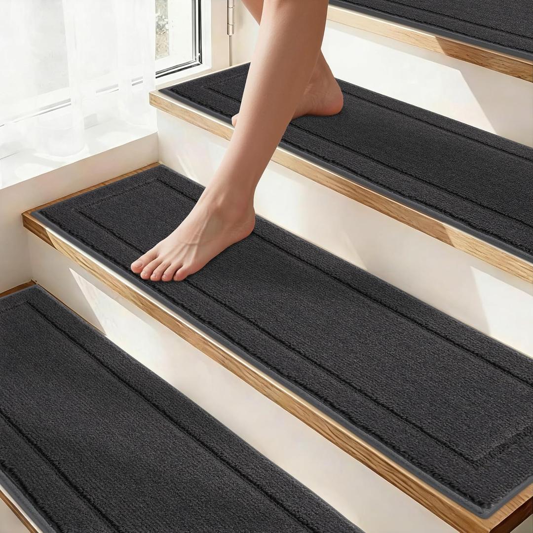 Non-Slip Stair Treads for Wooden Steps Indoor, 15 Pack 8" X 30" Edging Stair Rugs with TPE Backing, Carpet Stair Treads for Kids Elders & Pets, 100% Polyester Soft Stair Runners, Dark Grey