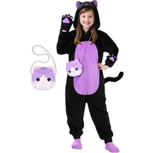 Joycover Black Cat Costume for Girls, Kids Hooded Cat Noir Onesie with Purse Bag, Girls Halloween Costumes for Kids (Medium (6-7y))