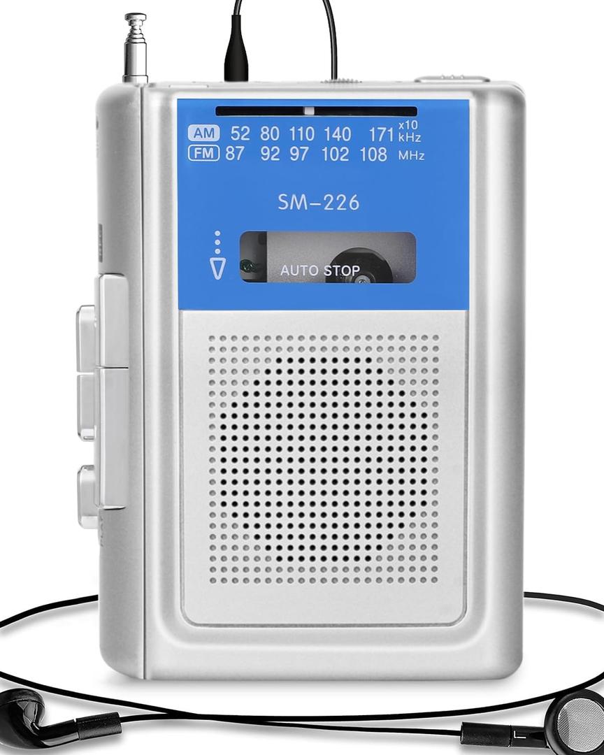 SEMIER Small Cassette Player Recorder, Portable AM FM Vintage Tape Cassette Player with Big Speaker and Headphones, Built-in Microphone, Powered by DC or AA Battery for Walking (Blue)