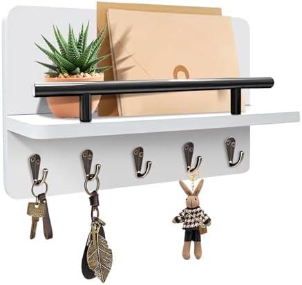 KISENG Key Holder Wall Mount, Decorative Key Rack with Shelf & 5 Sturdy Hooks, Rustic Key Hooks for Wall for Mail Organizer Hanging Dog Leash, Glasses, Wooden Key Hanger with Mounting Hardware
