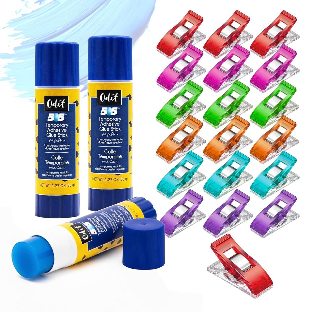 505 Temporary Fabric Glue Sticks (3-Pack) with 20 Pixiss Fabric Clips  Perfect for Sewing, Quilting, Appliqu, and Crafting Projects  Repositionable Adhesive for Fabrics, Fast Drying