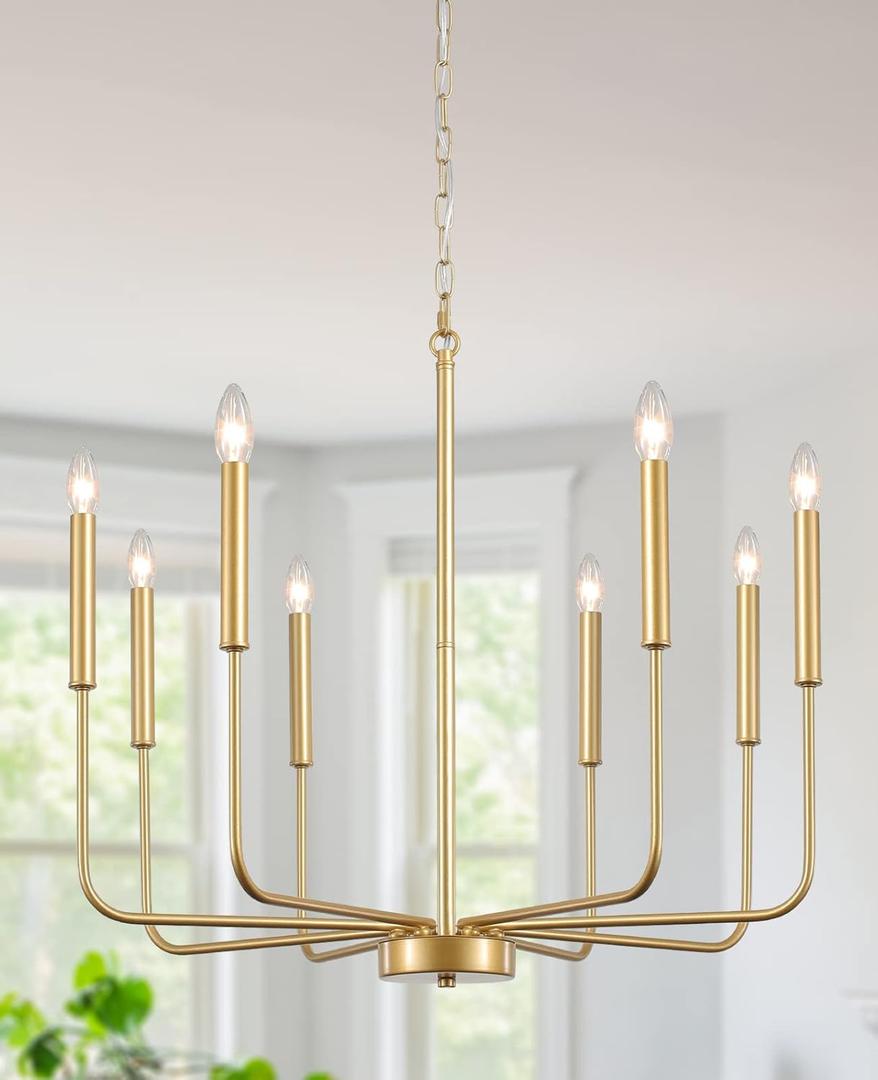 LASENCHOO Gold Chandelier Light Fixture, 8 Lights Modern Farmhouse Chandelier for Dining Room Light Fixture, Candle Pendant Light Fixtures Ceiling Hanging for Kitchen Living Room Bedrooms Entryway