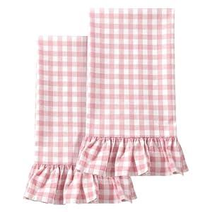 HunnmingRe Light Pink Kitchen Towels Set of 2, 100% Cotton Ruffled Gingham Dish Towels 18"x28" Absorbent Tea Cloths Classic Plaid Pattern for Farmhouse Charm, Drying Dishes, Entertaining Guests