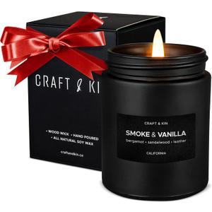 Craft & Kin Premium Smoke & Vanilla Candle | Black Christmas Scented Candles for Men | Long Lasting with 45 Hour Burn Time, 7.6oz | Soy Holiday Candle | Aromatherapy at Home | Gifts for Men