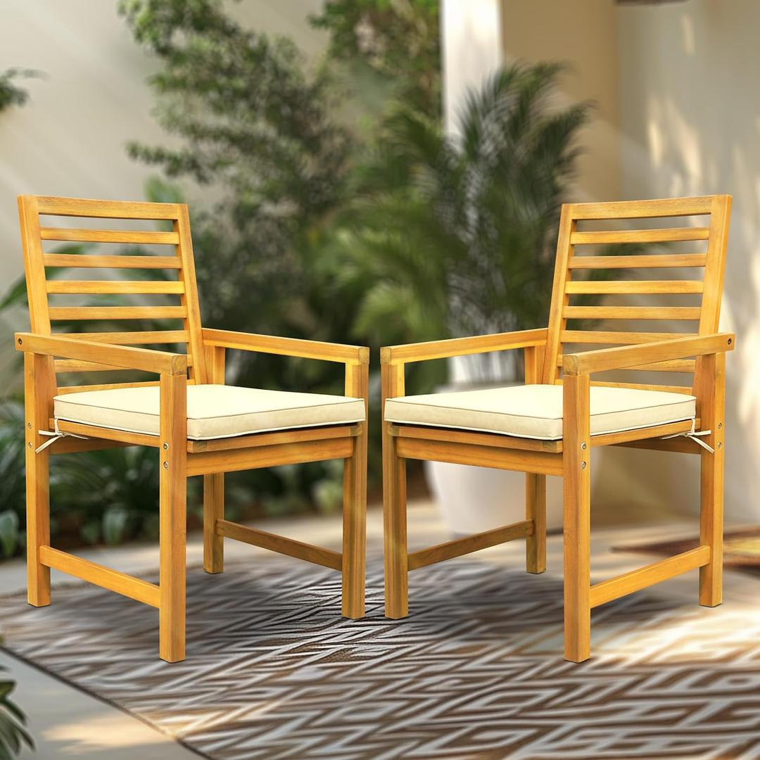 Tranquillo Solara Acacia Wood Outdoor Chairs Set of 2 with Cushions  Heavy-Duty 500lbs Capacity, Weather-Resistant Wooden Patio Armchairs, Solid Wood Garden & Deck Chairs for Outdoor Seating