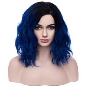 BERON Black and Blue Wigs for Women Girls Short Curly Bob Wavy Hair Wig Ombre Dark Blue Body Wave Heat Resistant Synthetic Cosplay Daily Party Wigs