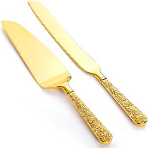 Dicunoy 2 PCS Gold Cake Knife and Server Set, Wedding Cake Cutting Utensils, Vintage Engraved Cake Cutter and Serving Spatula for Birthday,Anniversary, Vibrant Gold
