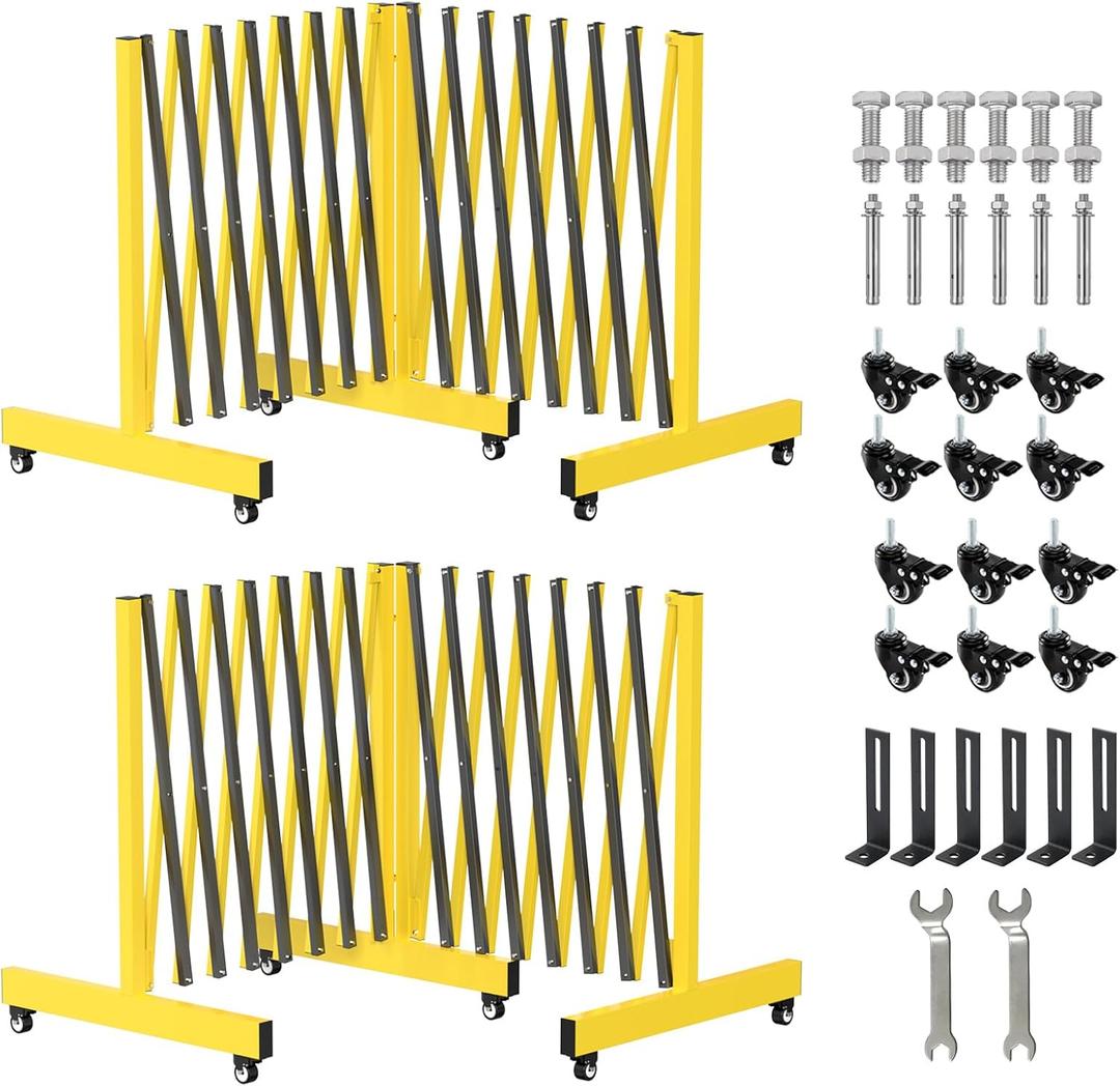 2 Set 16.8FT Industrial Metal Expandable BarricadeRetractable Traffic Fence with Casters, Folding Security Gate, Portable Barricade Gate for Construction Area, Traffic Control, Driveway and Garden (Yellow)