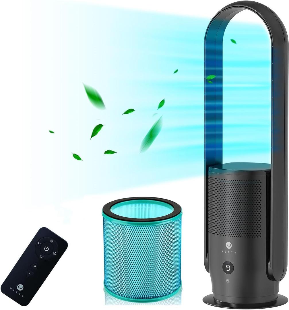 ULTTY Bladeless Tower Fan with HEPA Filter, 90 Oscillating Tower Fan, Remote Control, Touch, 8H Timer, 9 Speeds, Powerful Floor Fan for Bedroom Room Home Office, CR022, Black (Large)