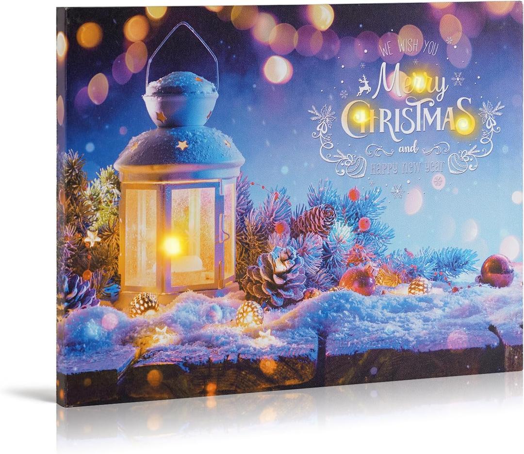 Synovana Christmas LED Lighted Canvas Wall Art  16" x 12" Light Up Xmas Holiday Pictures Decoration Wall Art Prints for Living Dining Room Decor - Merry Christmas and Happy New Year