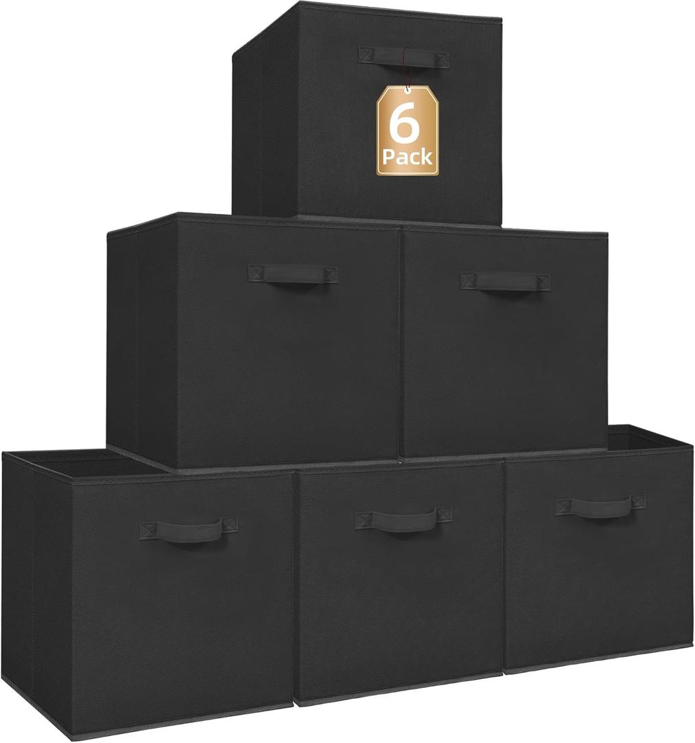 STORAGE MANIAC Storage Cubes, 13 Inch Collapsible Storage Bins with Handles, 6 Pack Fabric Foldable Bins for Organization, Durable Storage Bins for Closet, Shelves, Offices, Toys, 6-Pack Black