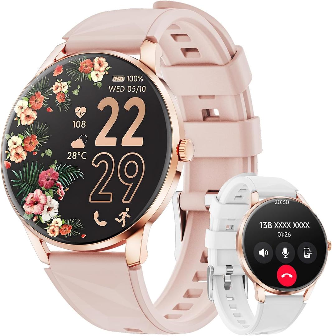 Smart Watch for Women Android/iPhone, 1.32" AMOLED Screen Smartwatch with Answer/Make Call/Fitness Tracker/Heart Rate/SpO2/Sleep Monitor/110+ Sport Modes, 2 Bands