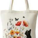 NAMQUL Cute Black Cat Canvas Tote Bag for Women with Zipper Pockets - Large Reusable Shopping, Grocery, Gym & Book Carry Bag, Aesthetic Work Tote Design, Eco-Friendly Gift for Cat Lovers