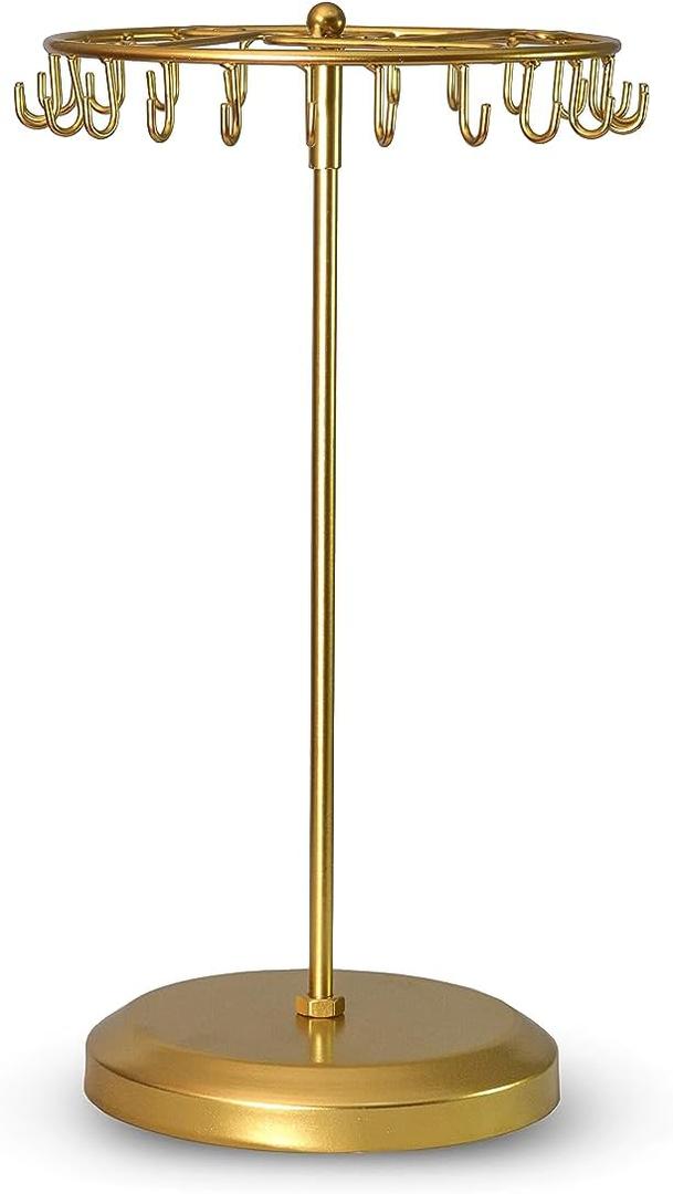 Rotating Necklace Holder Jewelry Display Stand Bracelet Organizer Hanging Tower Rack with 23 Hooks and Round Base Jewelries Collection 13.7inch(gold)