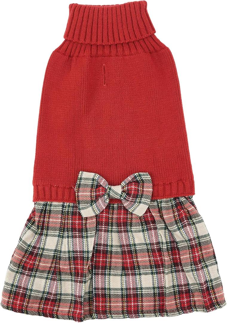 Lanyarco Burgundy Red Knitted Dog Sweater Dress, Plaid Dog Winter Clothes for Dogs Girl, Dachshund Doggy Pet Apparel, Red, Large (L)