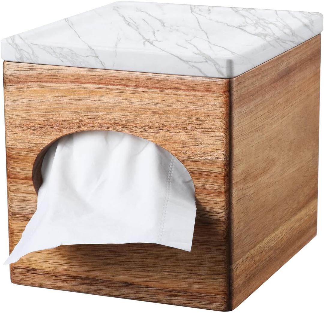 Acacia Tissue Box Marble top Natural Wood Decorative Tissue Cover for Bathroom Tissue Box Cover Cube for Home Office Table Counter Tissue Holder with stoarge Tray
