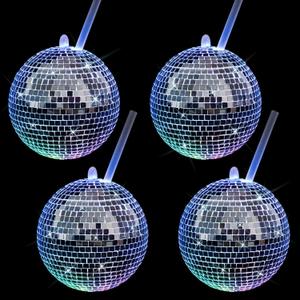 4 Pcs Disco Ball Cup with Lid and Straw LED Light up Disco Flash Ball Cocktail Cups Silver Spherical Cup Wine Drinking Tea Syrup Bottle for Party Nightclub Bar