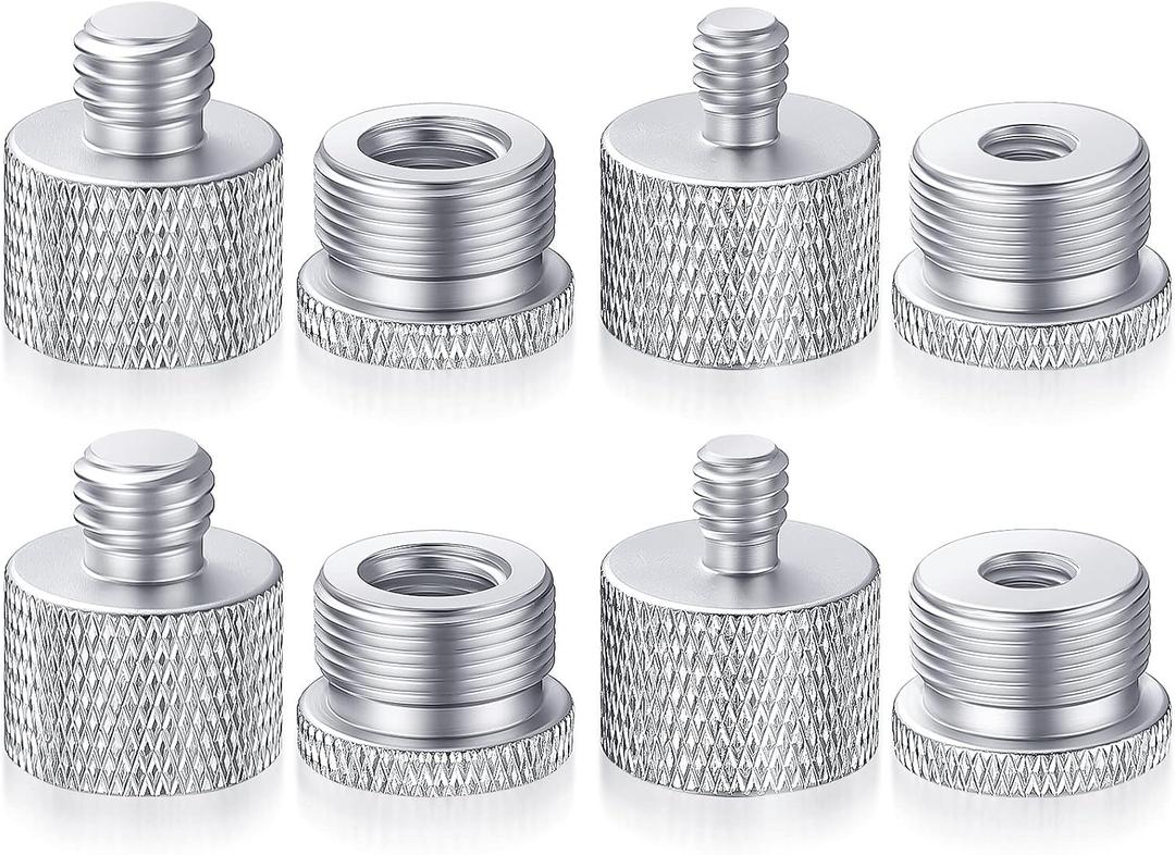 Moxweyeni 8 Pcs Mic Stand Adapter 5/8 Female to 3/8 Male, 3/8 Female to 5/8 Male, 5/8 to 1/4 and 1/4 to 5/8 Screw Mic Thread Adapter Set for Microphone(Silver)